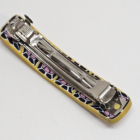 VINTAGE Yellow and Blue Design Clay Hair French Barrette Clip - Picture 4 of 5